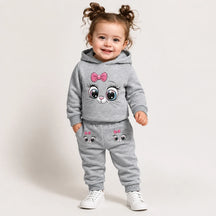 Conjunto de moletom infantil cinza com capuz, macio e confortável, estilo fofo e durável para brincadeiras
