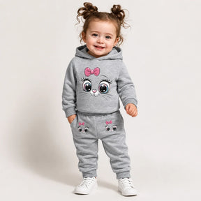 Conjunto de moletom infantil cinza com capuz, macio e confortável, estilo fofo e durável para brincadeiras