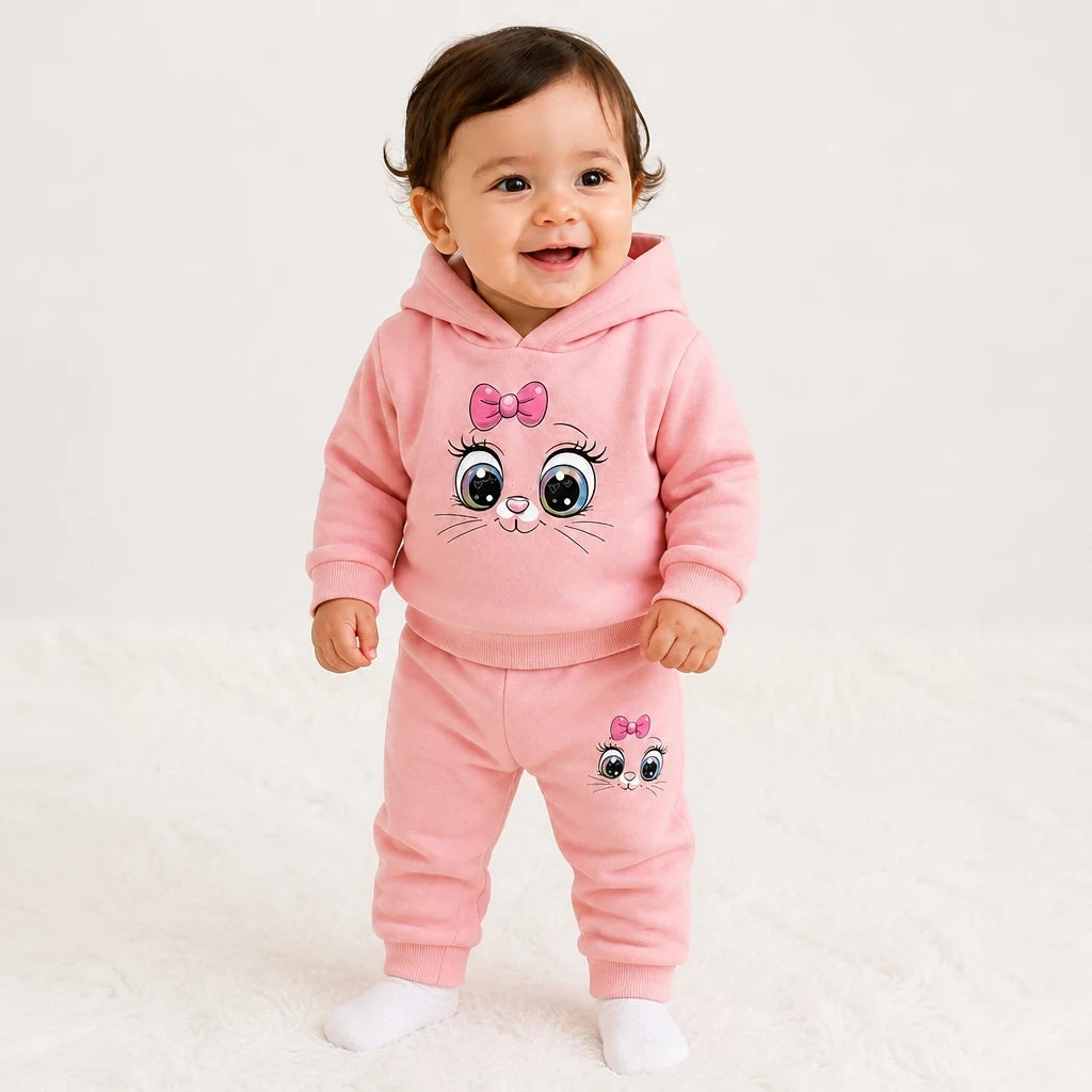 Bebê usando conjunto de moletom infantil rosa com capuz e estampa de gatinha, super macio e confortável para o dia a dia