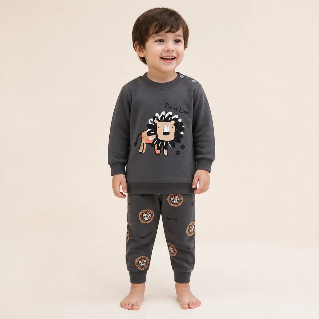 Conjunto de moletom infantil com estampa de leão em algodão macio confortável e durável ideal para brincar e dormir