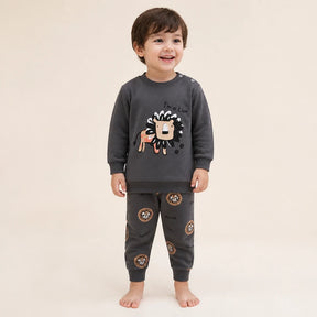 Conjunto de moletom infantil com estampa de leão em algodão macio confortável e durável ideal para brincar e dormir