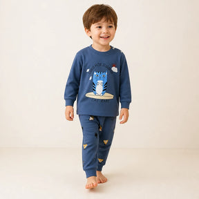 Conjunto de moletom infantil azul com estampa de gato, algodão macio para noites confortáveis e seguras