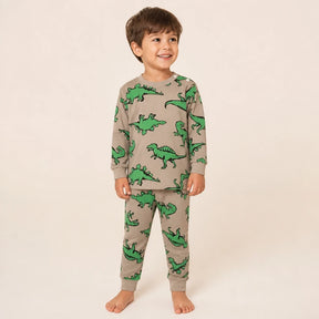 Conjunto de moletom infantil estampado com dinossauros em algodão macio, confortável e durável para os pequenos