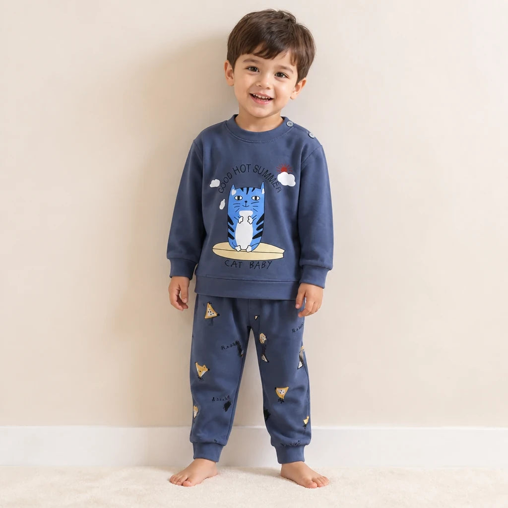 Conjunto de moletom infantil azul com estampa de gato em algodão macio, confortável e durável para crianças