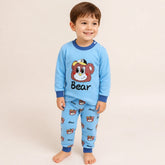 Conjunto de moletom infantil manga longa azul com urso, tecido macio e seguro para noites confortáveis