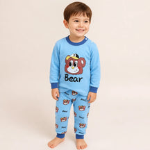 Conjunto de moletom infantil manga longa azul com urso, tecido macio e seguro para noites confortáveis