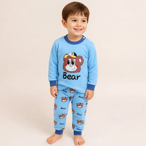 Conjunto de moletom infantil manga longa azul com urso, tecido macio e seguro para noites confortáveis