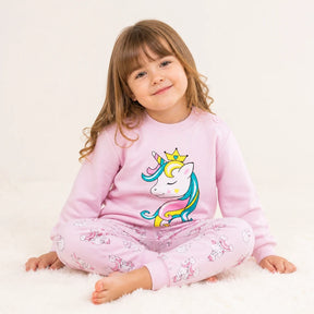 Conjunto de moletom infantil rosa com unicórnio, tecido macio e confortável para noites e brincadeiras seguras