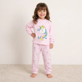 Conjunto de moletom infantil rosa manga longa com estampa de unicórnio tecido macio e conforto para noites aconchegantes